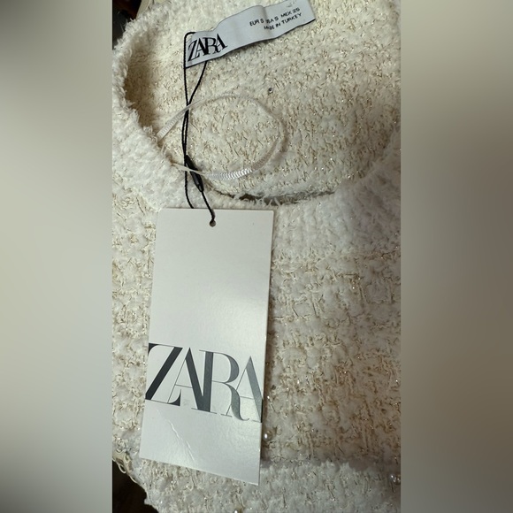 Zara Pearl Trim Cream Textured Mini Dress | Sz S | Brand New WT - Picture 3 of 5